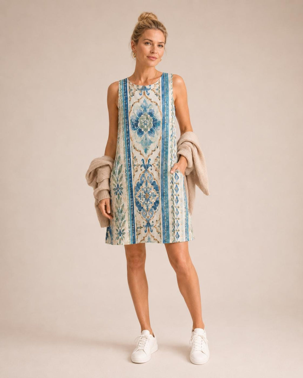 Mediterranean Tile A-Line Dress | Blue White Amalfi Pocket Dress