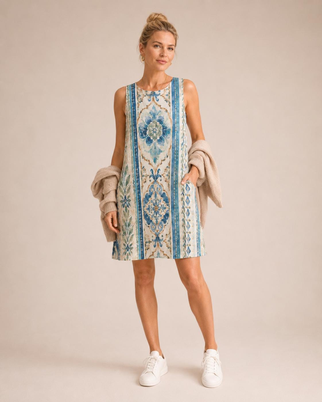 Mediterranean Tile A-Line Dress | Blue White Amalfi Pocket Dress