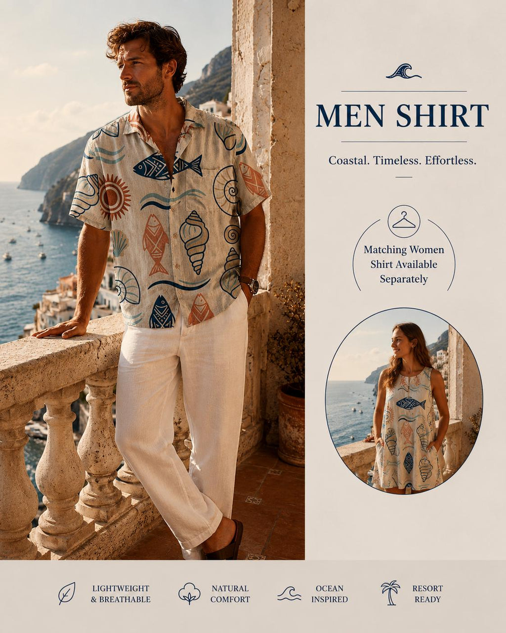 Men’s Coastal Fish Shirt | Mediterranean Matching Vacation Shirt