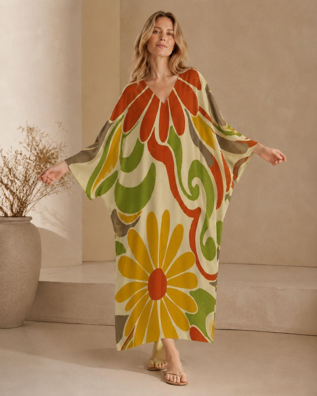 Retro Floral Kaftan Dress | 70s Boho Resort Maxi Dress