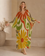 Retro Floral Kaftan Dress | 70s Boho Resort Maxi Dress