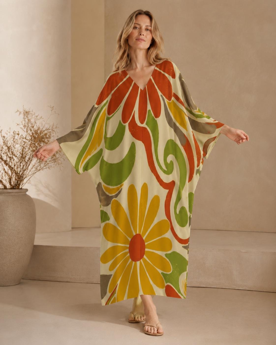 Retro Floral Kaftan Dress | 70s Boho Resort Maxi Dress