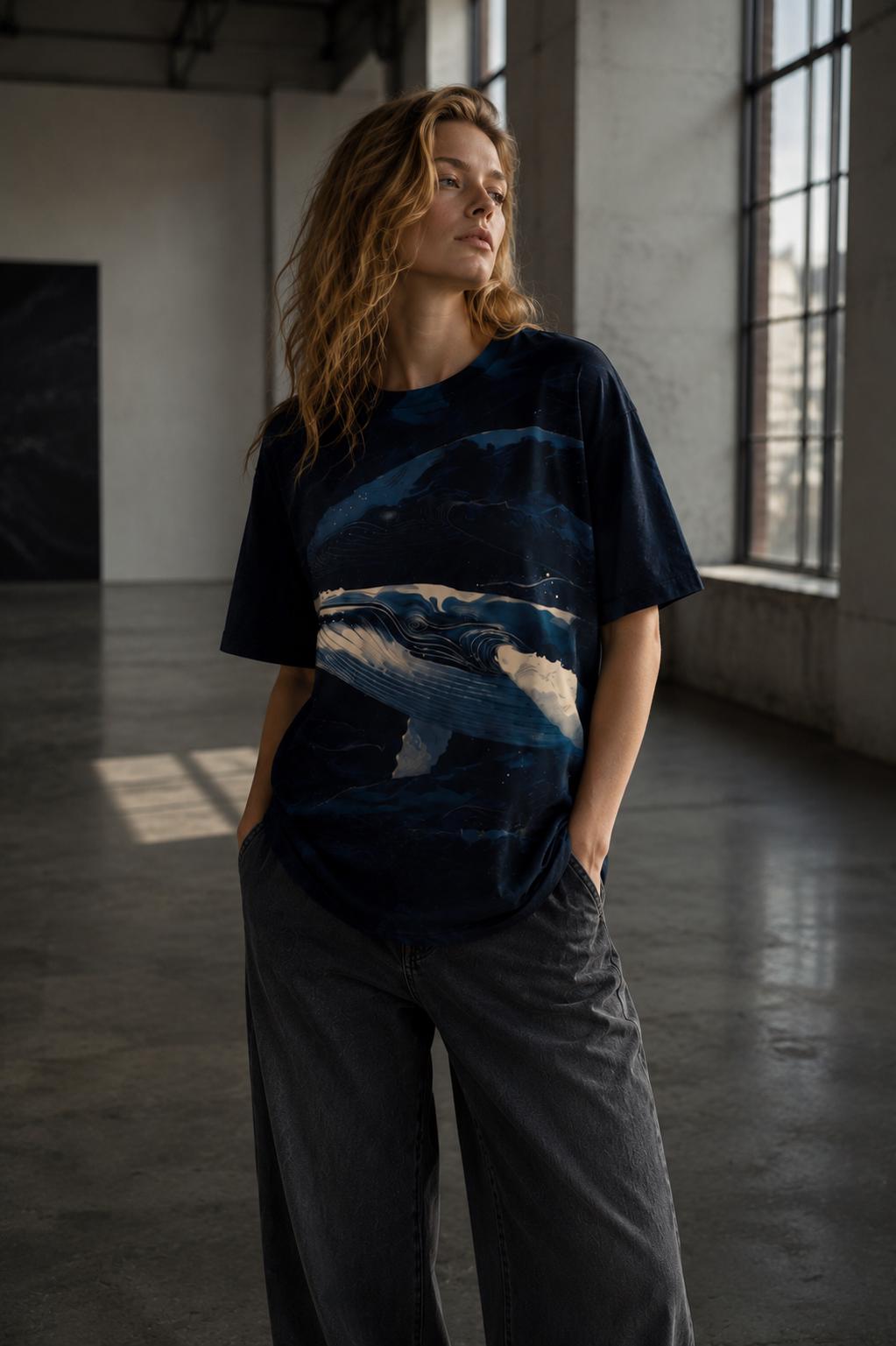 Artistic Whale Cotton T-Shirt | Dark Nordic Marine Tee