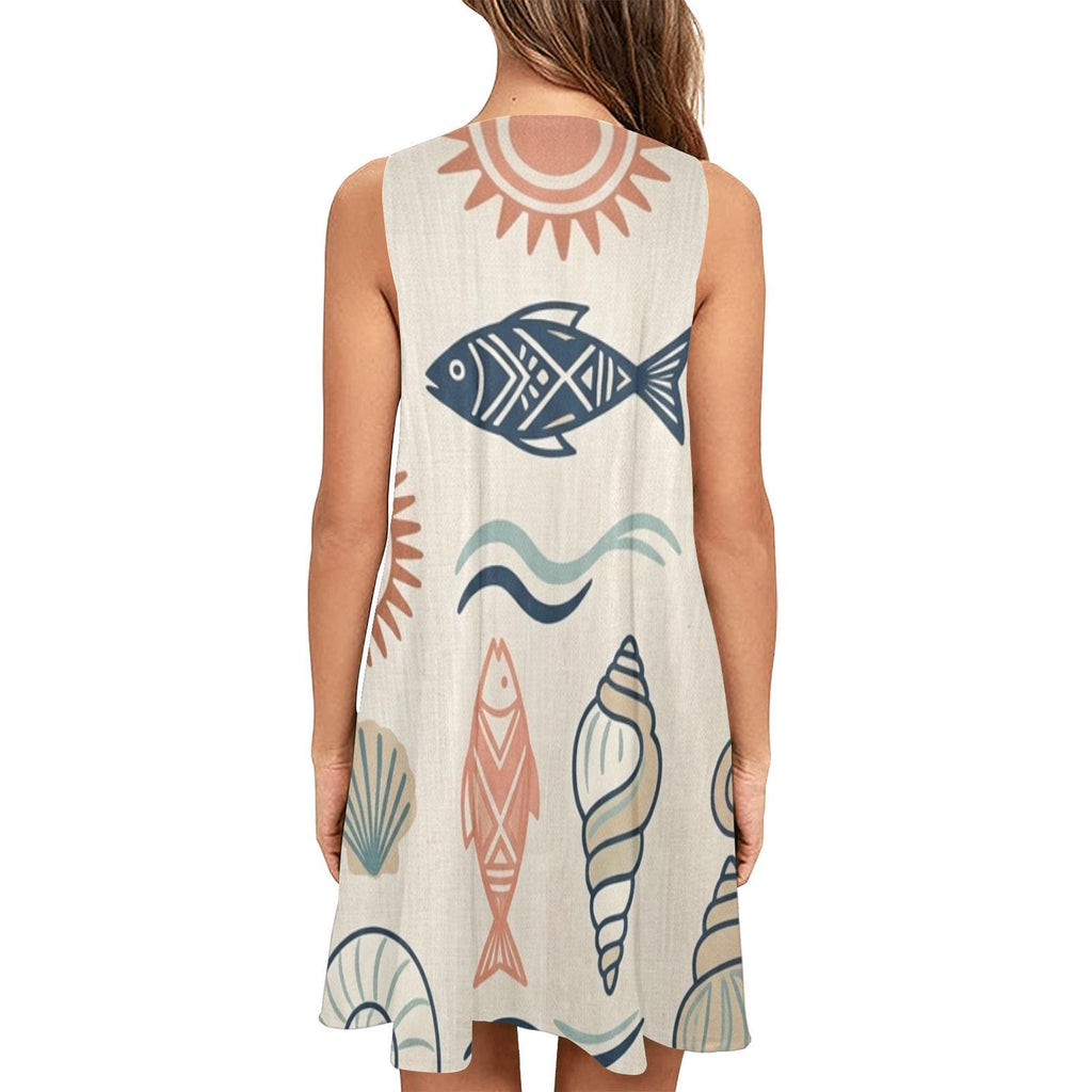 Fish Print A-Line Pocket Dress | Coastal Vacation Resort Dress