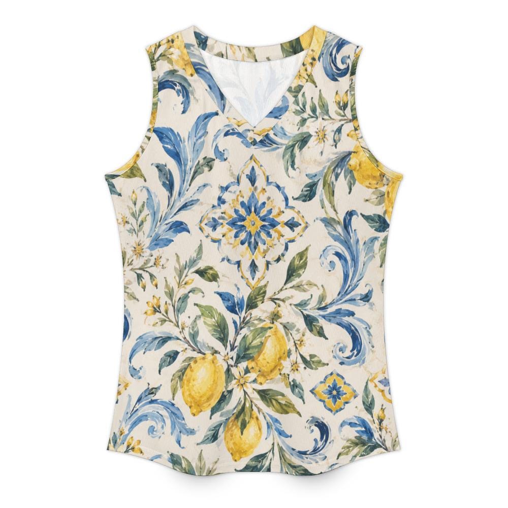 Mediterranean Lemon V-Neck Top | Amalfi Sleeveless Blouse