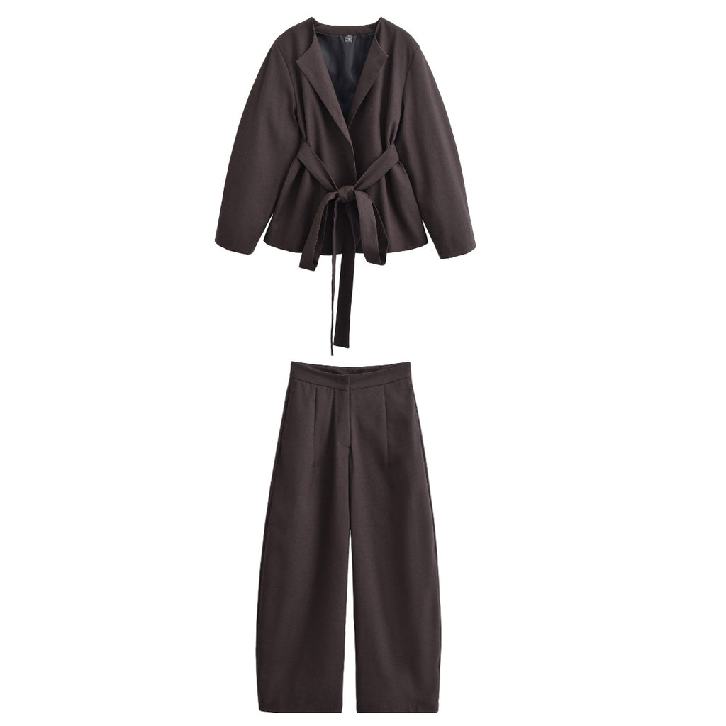 Women's kimono jacket and pants set available in brown and blue