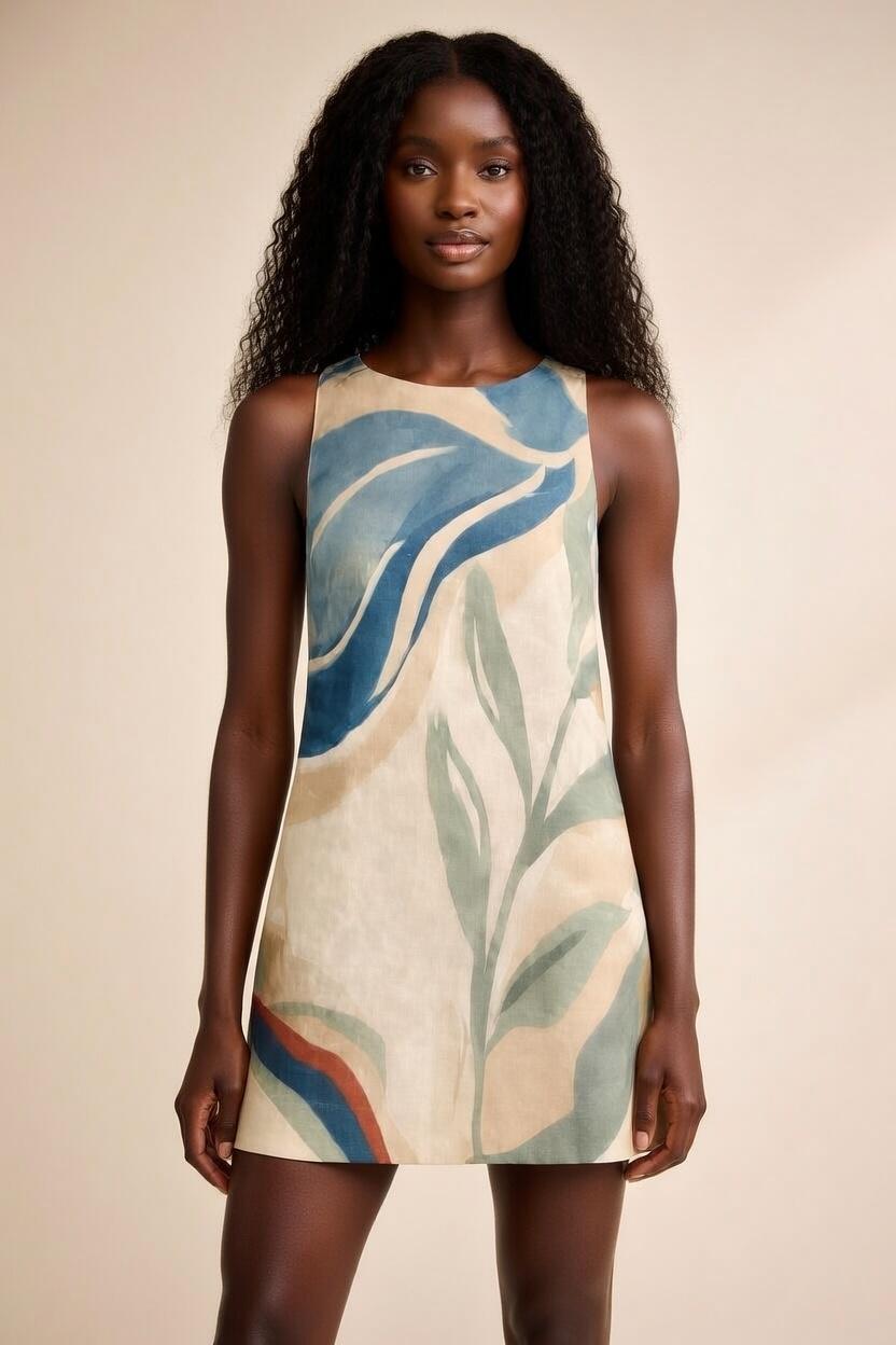 Abstract Botanical Mini Dress | A-Line Resort Vacation Dress