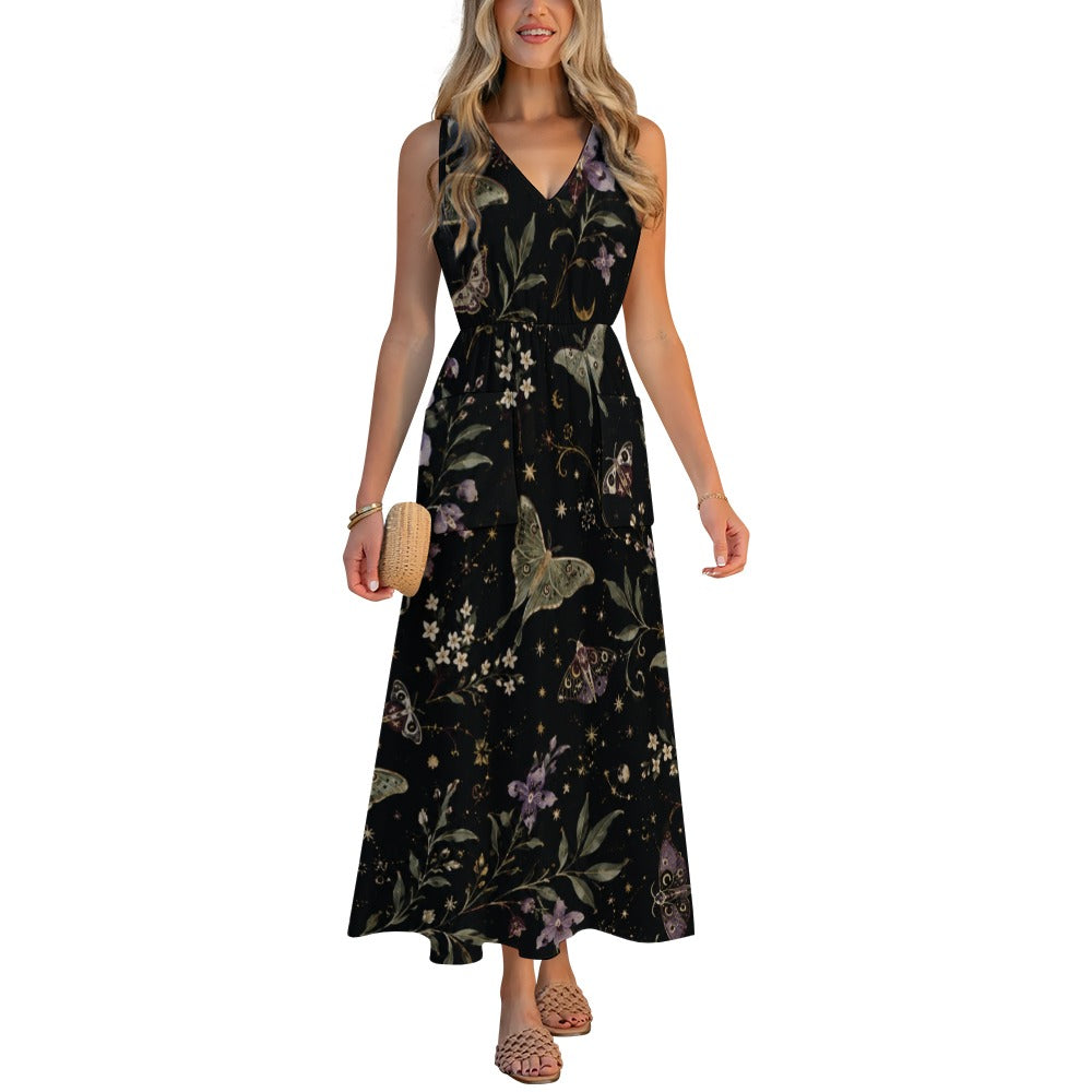 Midnight Botanical Maxi Dress with Pockets | V-Neck Resort Dress