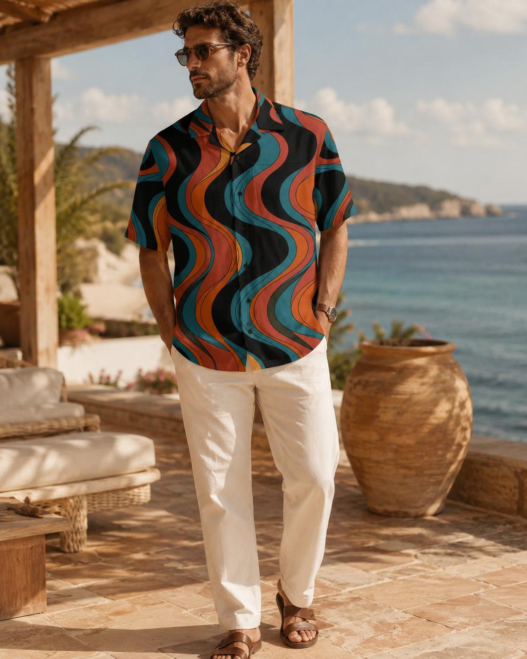 Men’s Retro Wave Hawaiian Shirt | 70s Resort Button-Up
