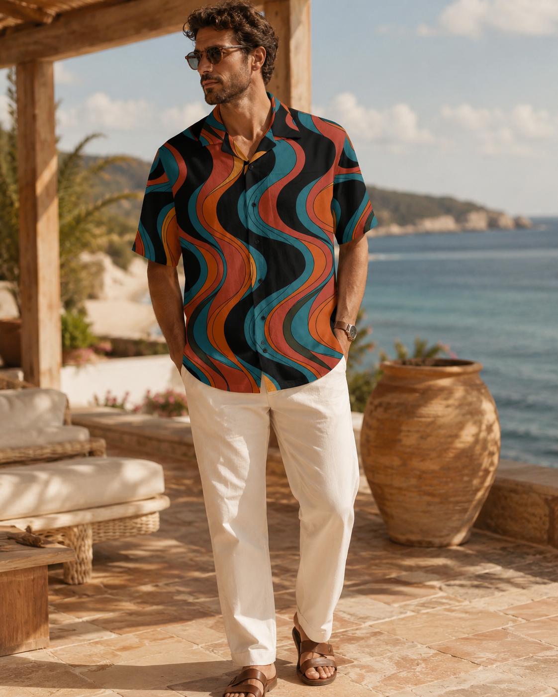 Men’s Retro Wave Hawaiian Shirt | 70s Resort Button-Up