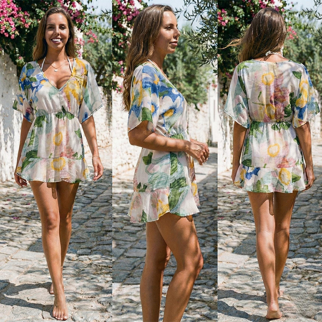 Boho Floral Chiffon Cover-Up Dress | V-Neck Beach Tunic