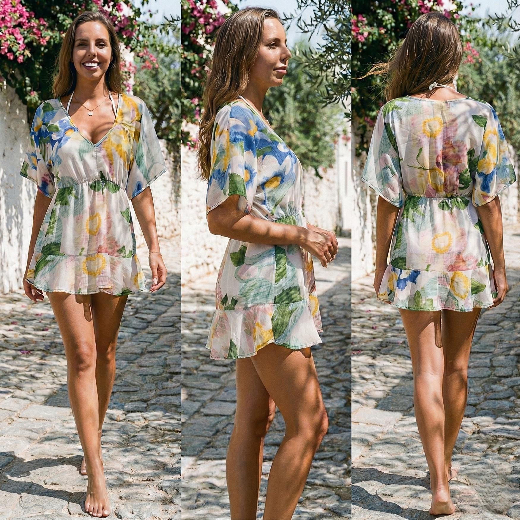 Boho Floral Chiffon Cover-Up Dress | V-Neck Beach Tunic
