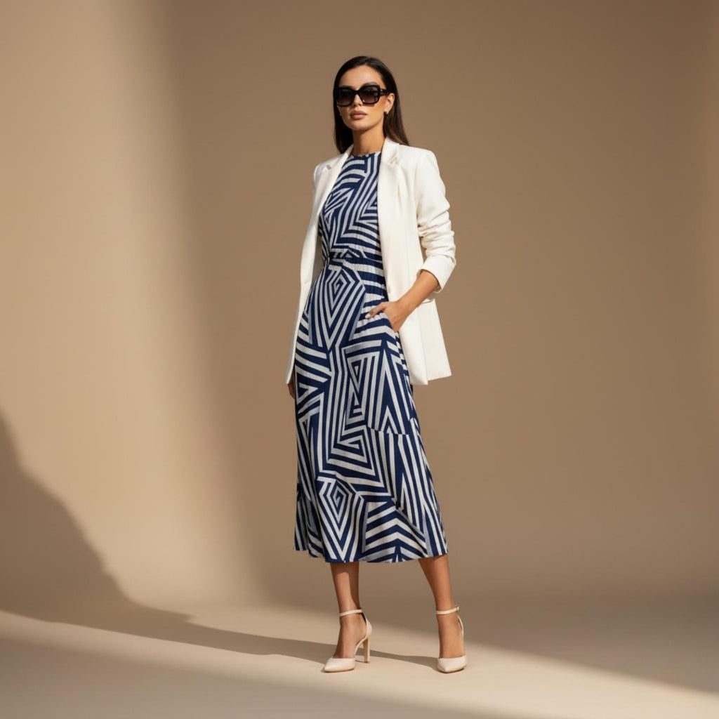 Navy Geometric Midi Dress | Modern Art A-Line Statement Dress