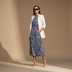Navy Geometric Midi Dress | Modern Art A-Line Statement Dress