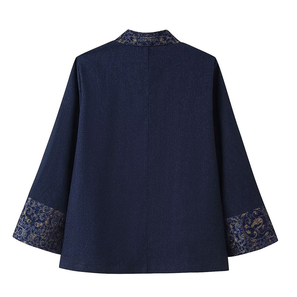 Navy V-neck kimono jacket with button front