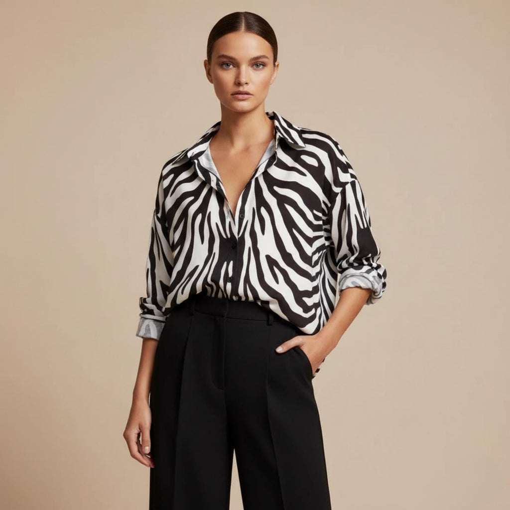Zebra Print Button-Down Shirt | Relaxed Monochrome Blouse