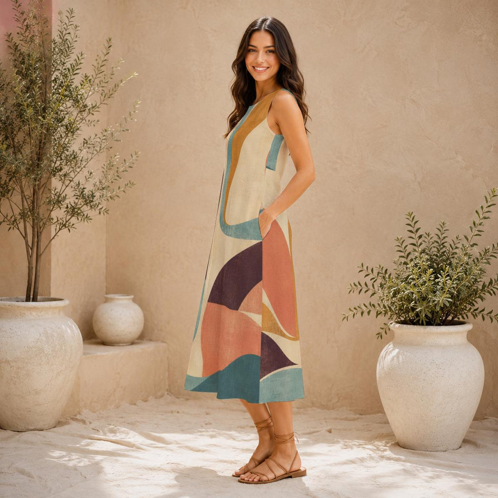60s Color Block Cotton Midi Dress | Mod A-Line Pocket Dress