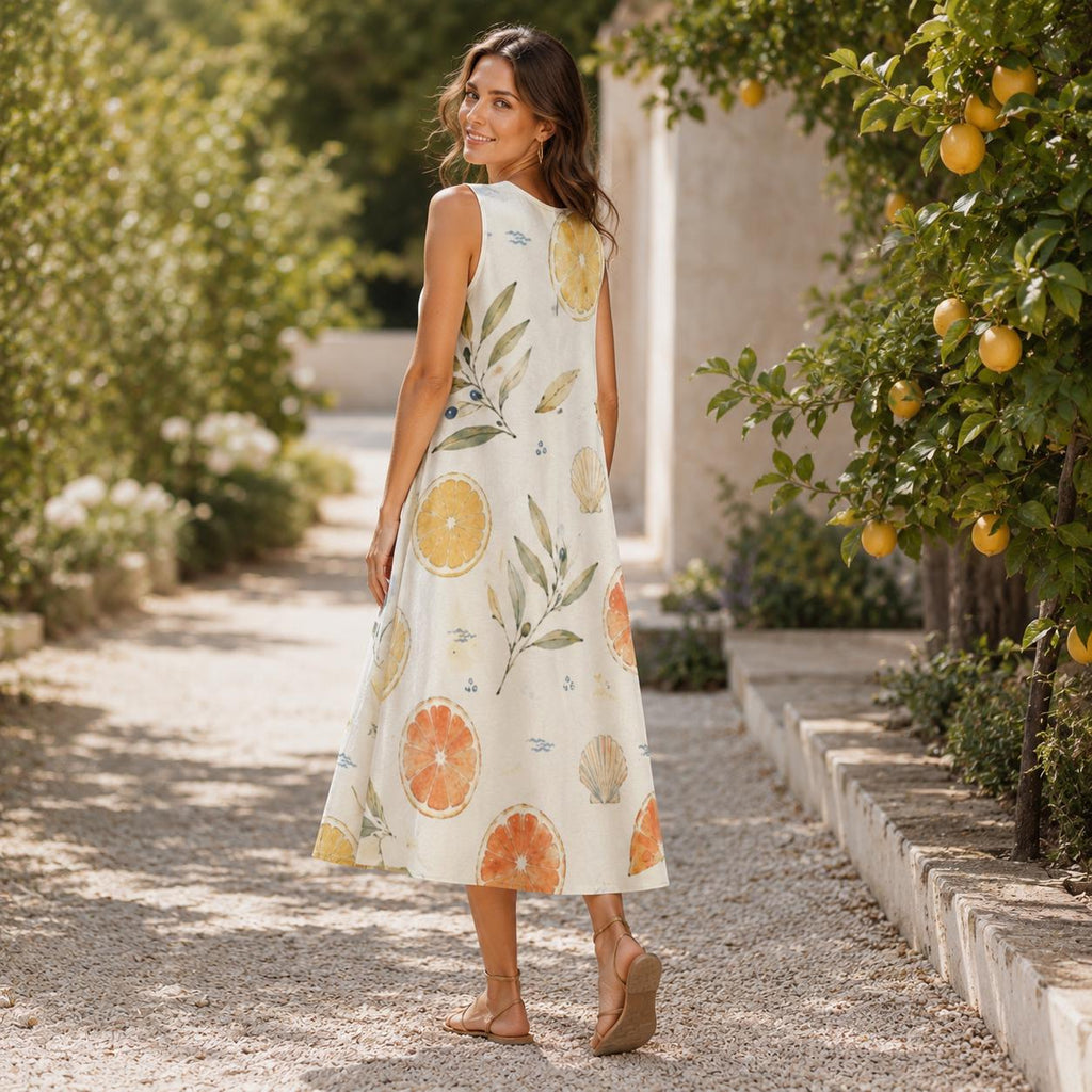 Lemon Olive Cotton Midi Dress | Mediterranean A-Line Pocket Dress