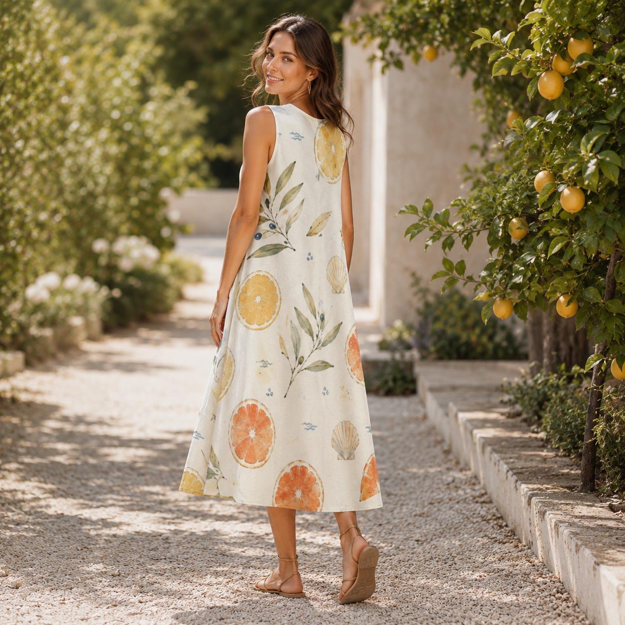 Lemon Olive Cotton Midi Dress | Mediterranean A-Line Pocket Dress