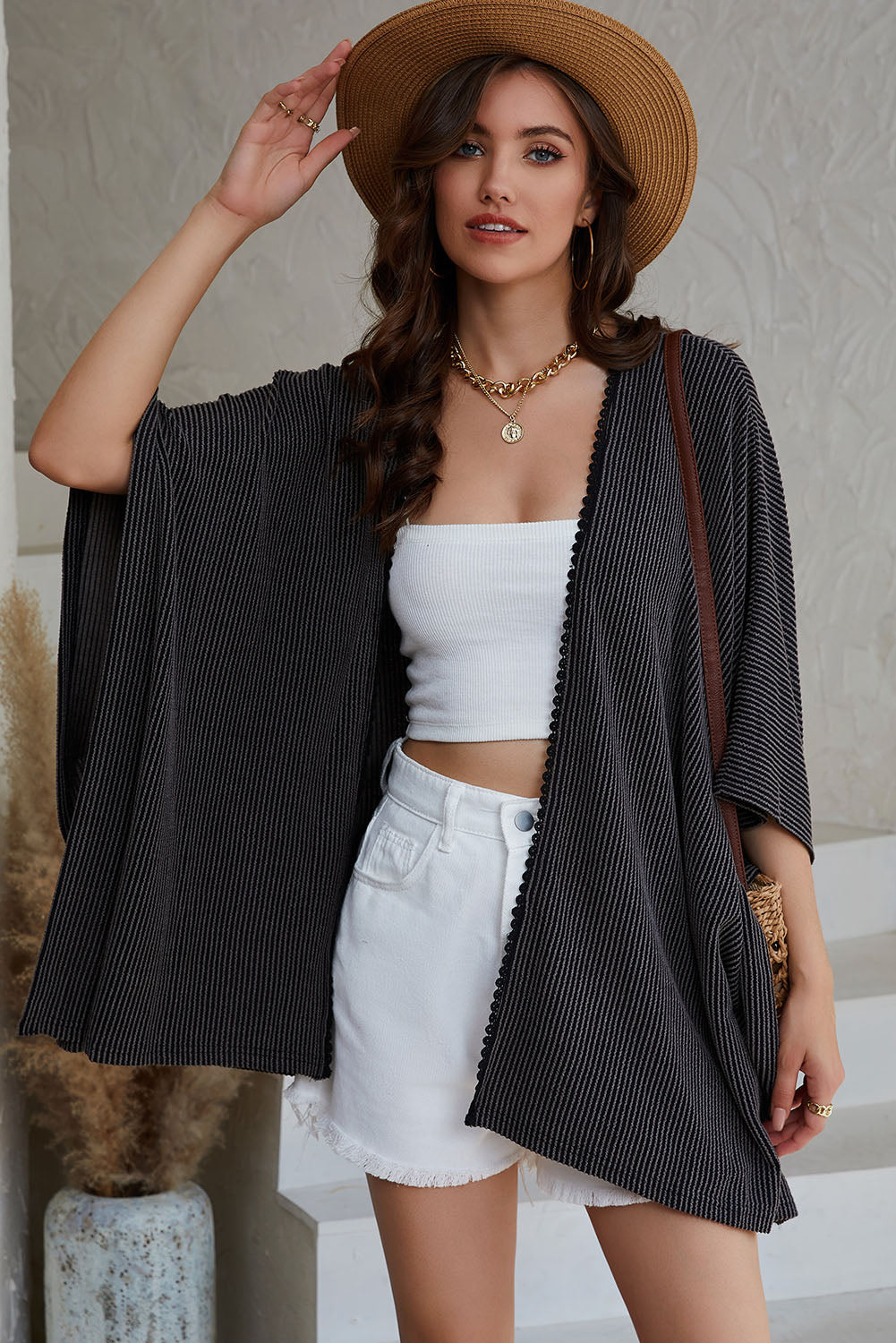 Women's lace-trim ribbed kimono cardigan in black or apricot
