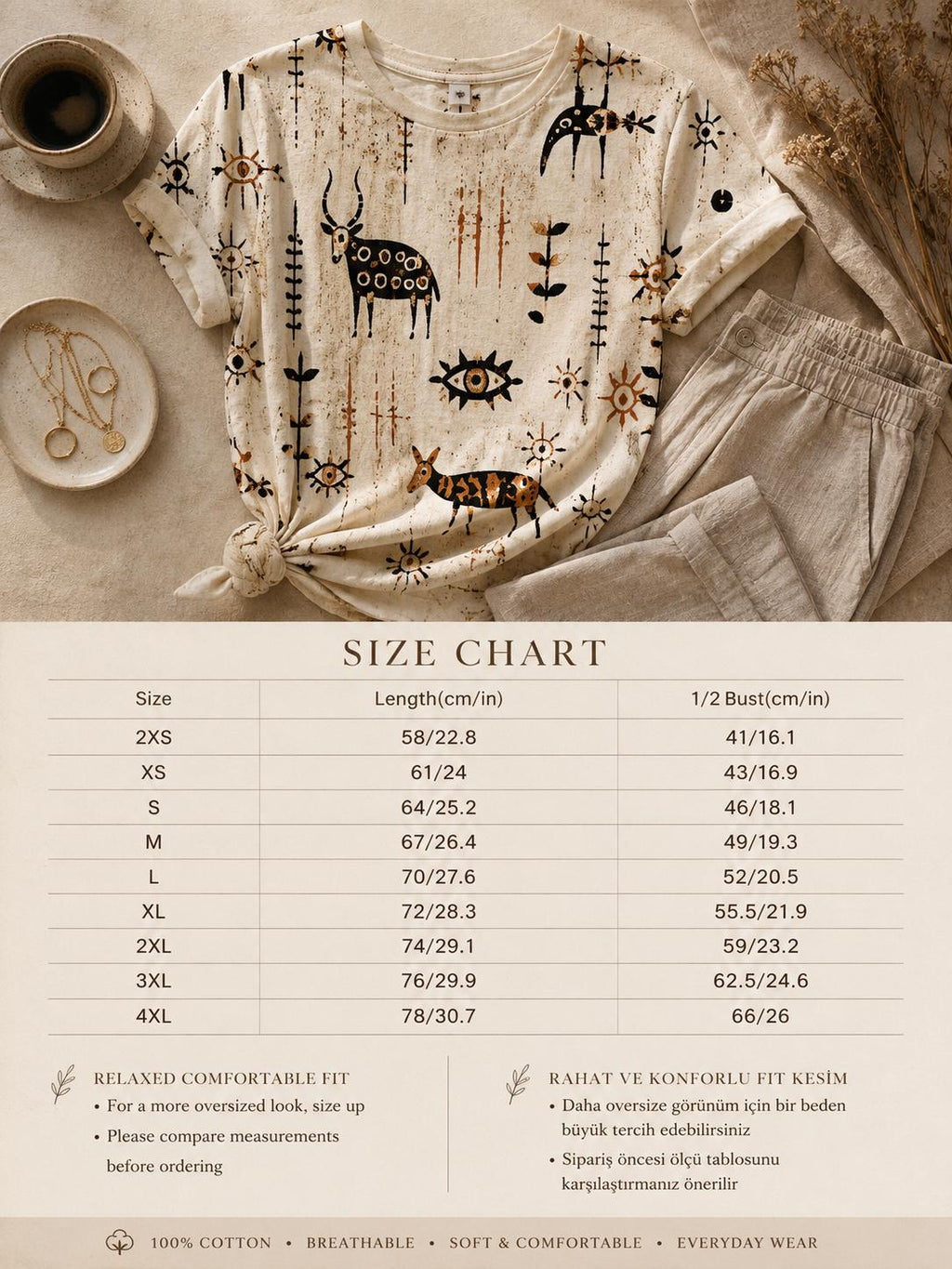 Oversized Folk Art Cotton T-Shirt | Scandinavian Boho Graphic Tee