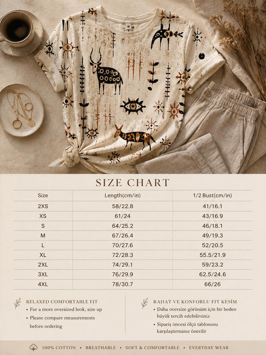 Oversized Folk Art Cotton T-Shirt | Scandinavian Boho Graphic Tee