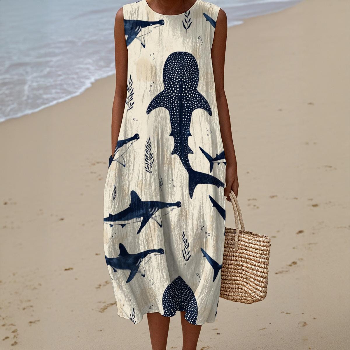 Whale Shark A-Line Dress | Coastal Cotton Pocket Resort Dress