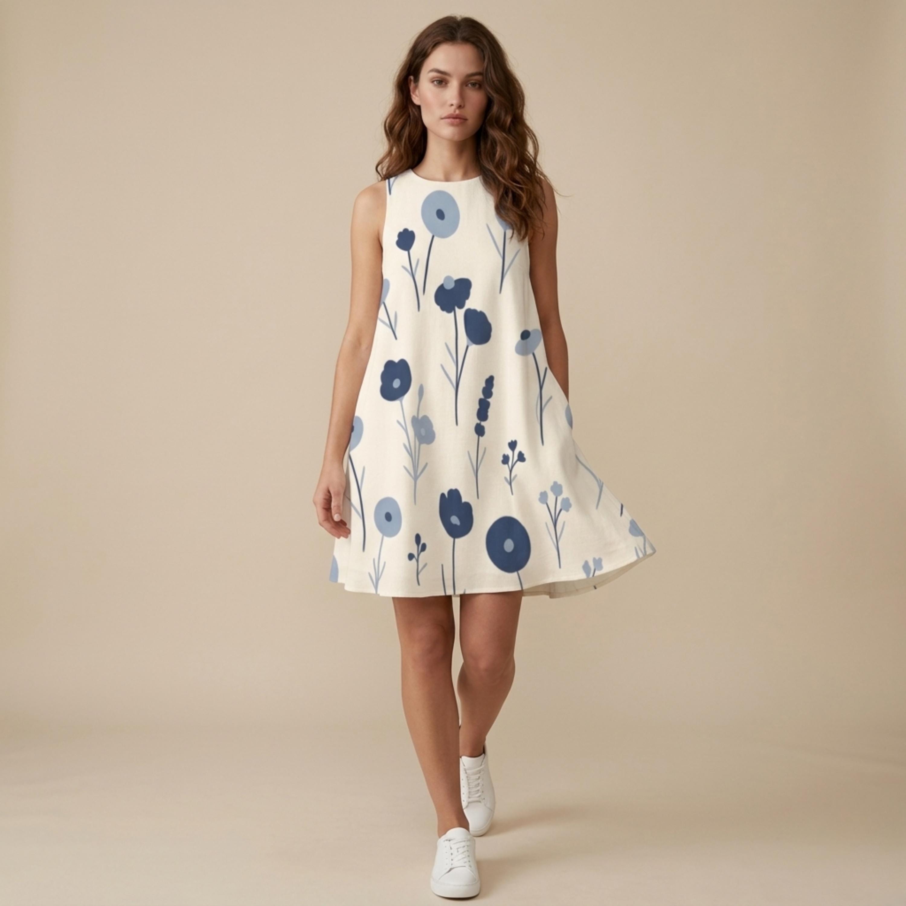 Blue Floral A-Line Mini Dress with Pockets | Scandinavian Summer Dress