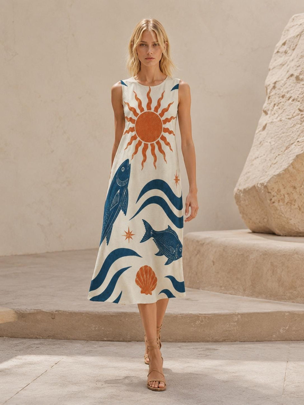 Sun Fish Cotton Midi Dress | Mediterranean A-Line Pocket Dress