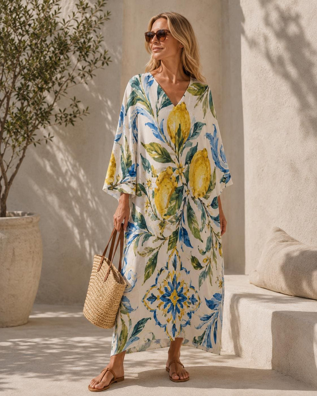 Lemon Kaftan Dress | Mediterranean Beach Cover-Up Resort Maxi