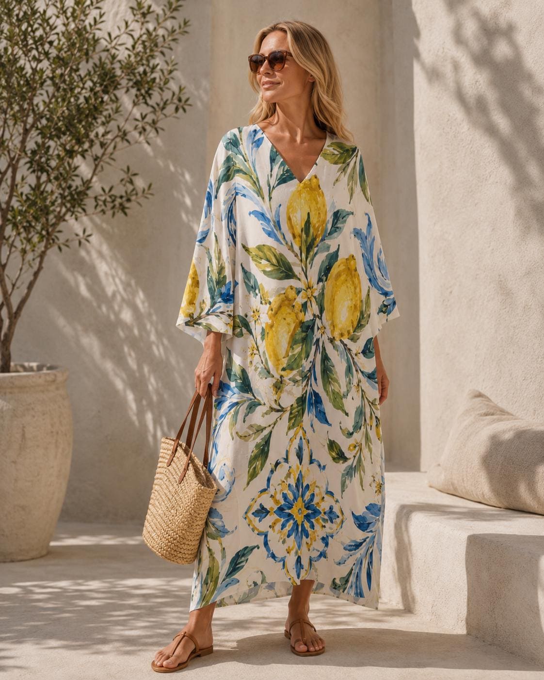 Lemon Kaftan Dress | Mediterranean Beach Cover-Up Resort Maxi