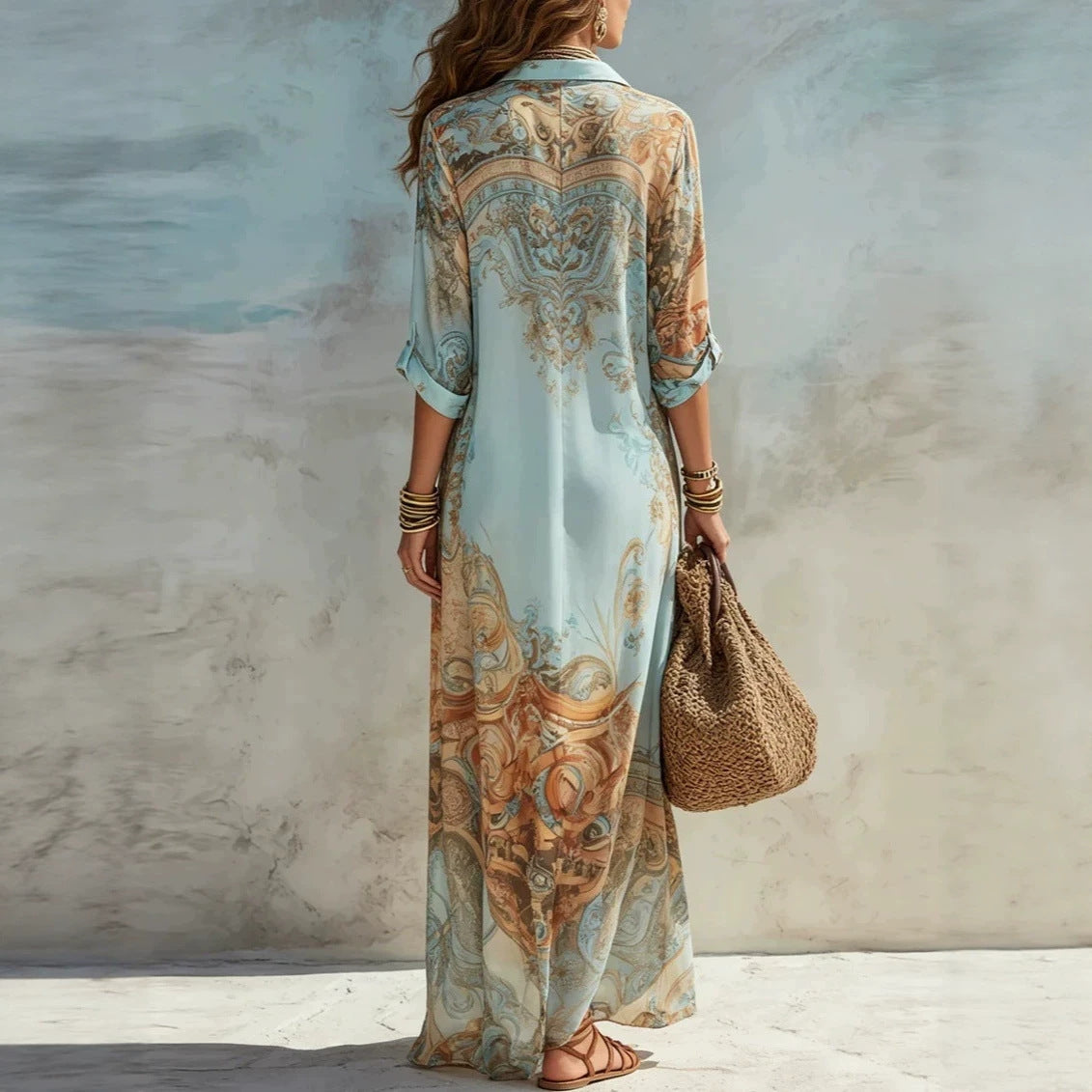 Blue Floral Three-Quarter Sleeve Maxi Dress