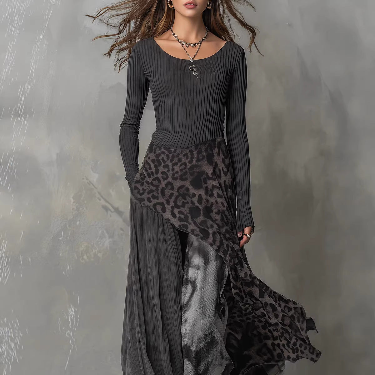 Black Long-Sleeve Full-Skirt Maxi Dress