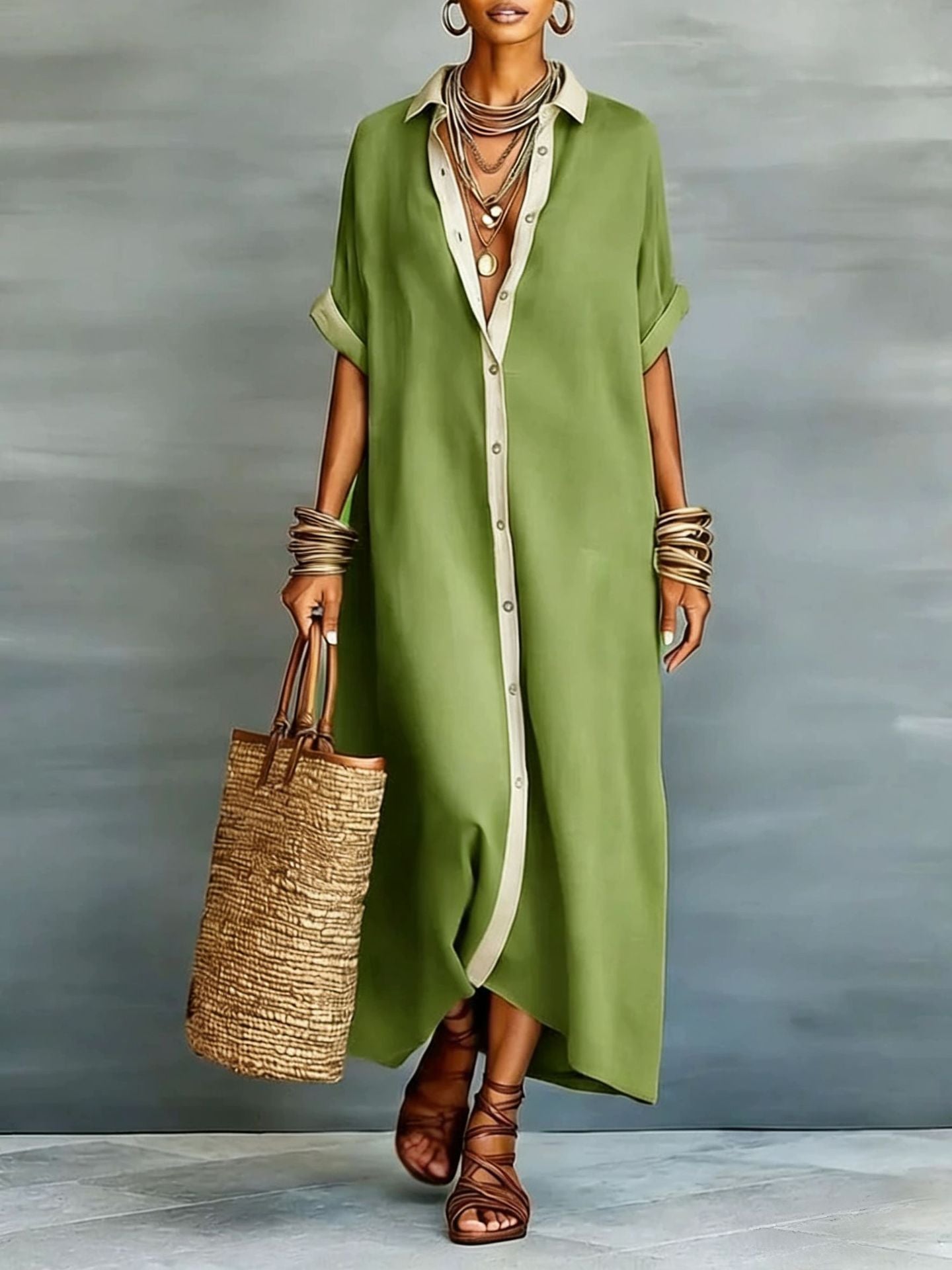 Cotton-Hemp Polo-Collar Short-Sleeve Maxi Dress