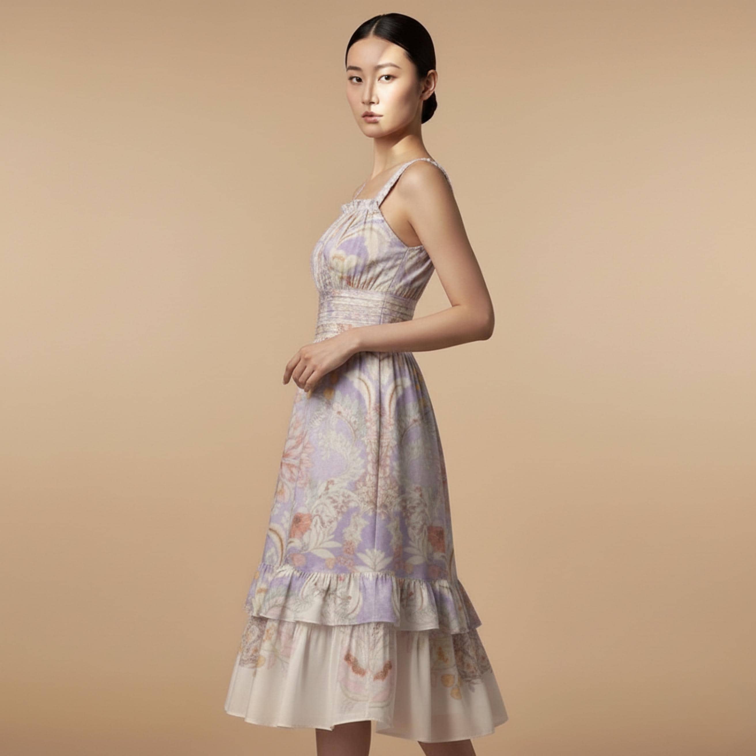 Pastel Baroque Floral Midi Dress | Romantic Garden Party Dress
