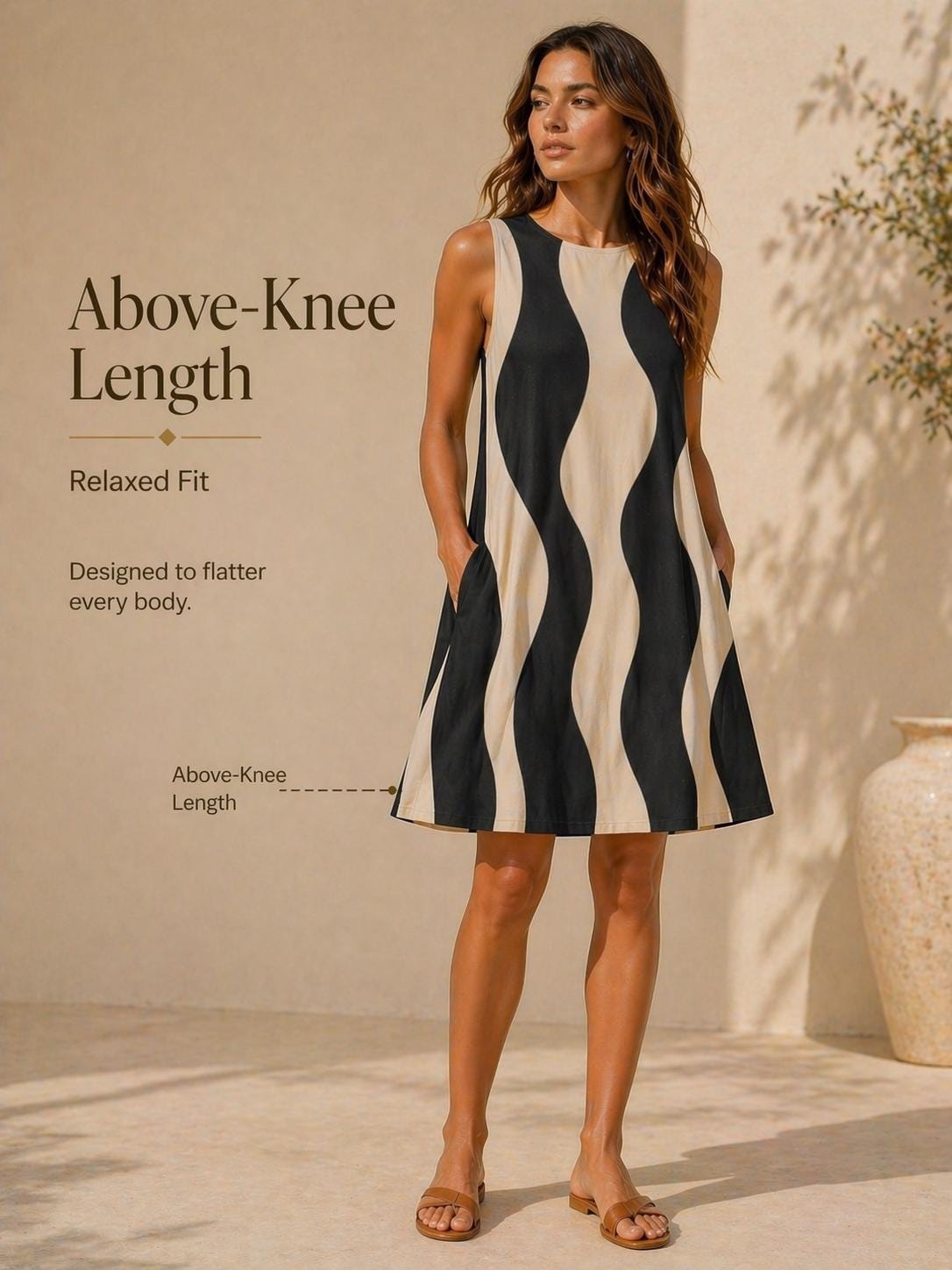 Minimalist Wave A-Line Midi Dress | Black Beige Pocket Occasion Dress