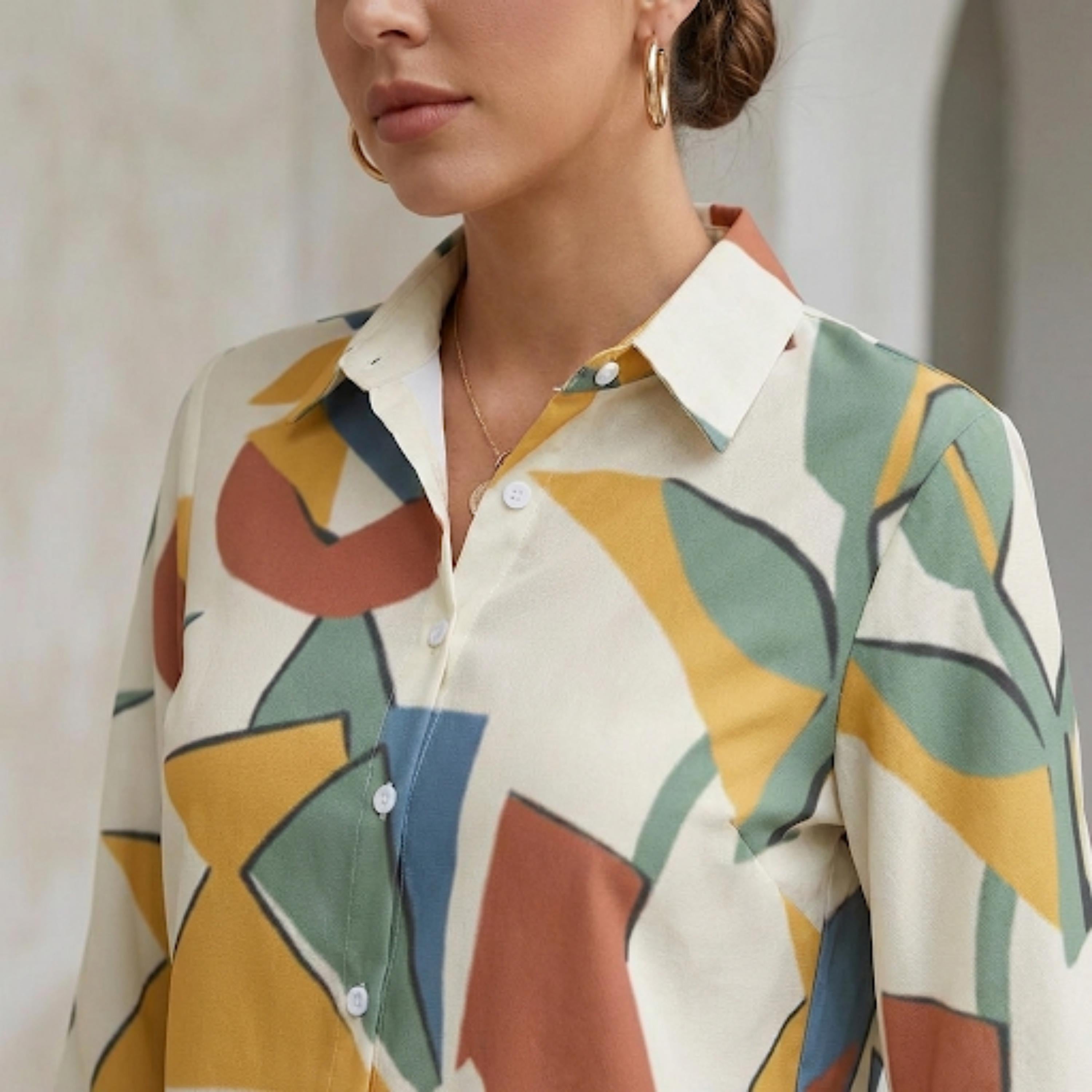 Abstract Geometric Button-Down Blouse | Modern Office Casual Top
