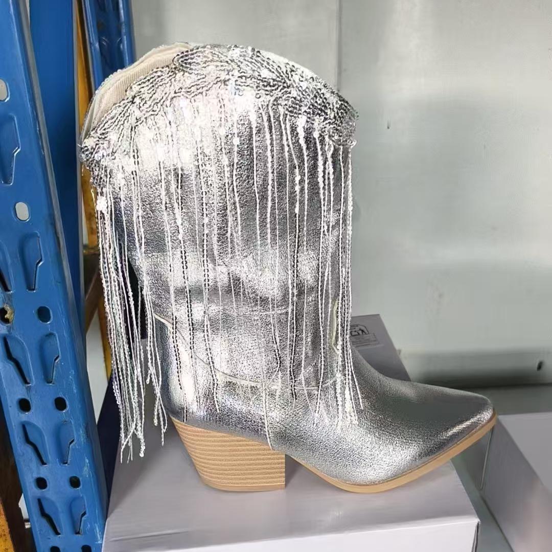 Suede-effect fringe western boots