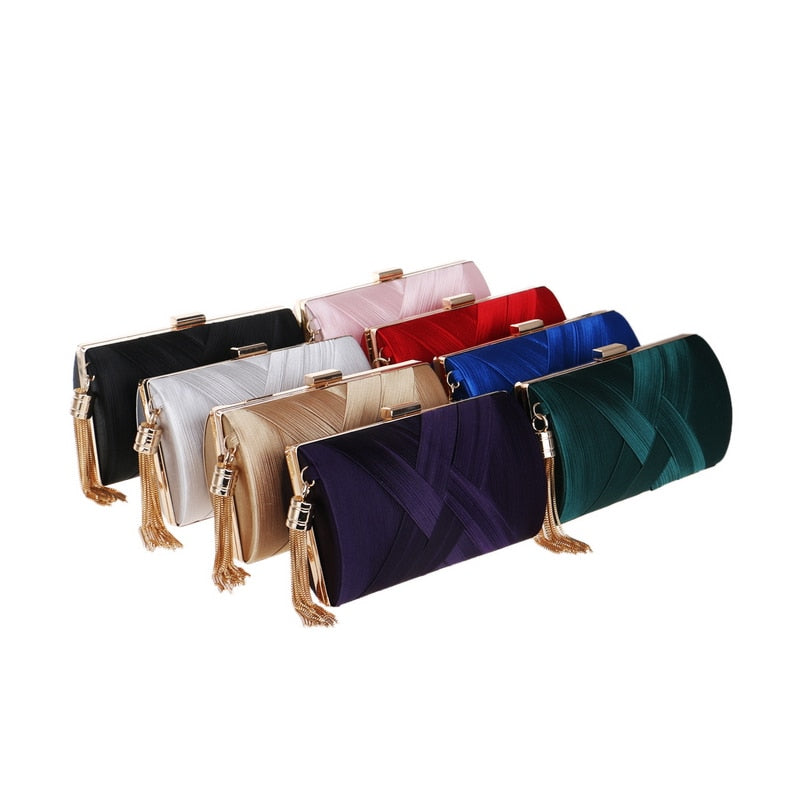 Women's mini tassel chain evening clutch in green, gold, black or silver