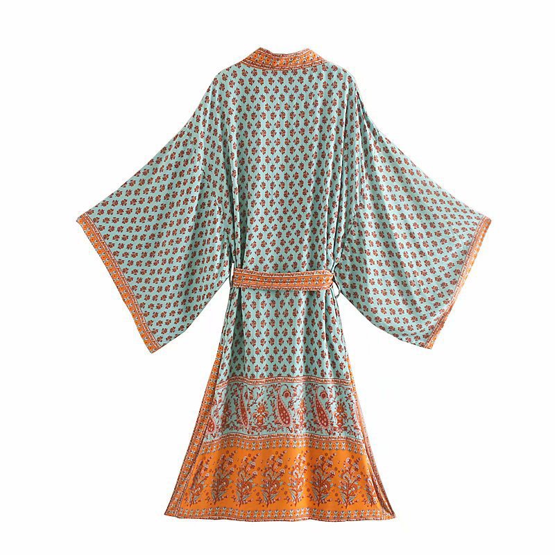 Long paisley kimono robe with belt for women