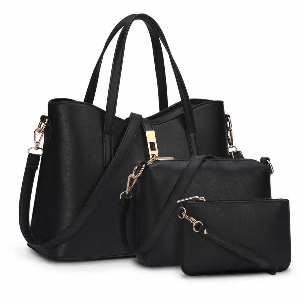 Women's three-piece PU handbag set with top-handle bag, crossbody and pouch