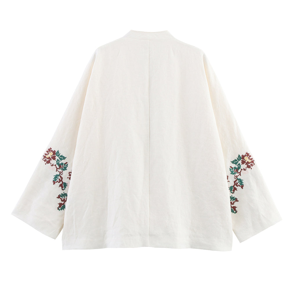 Off-white belted V-neck kimono jacket with embroidery
