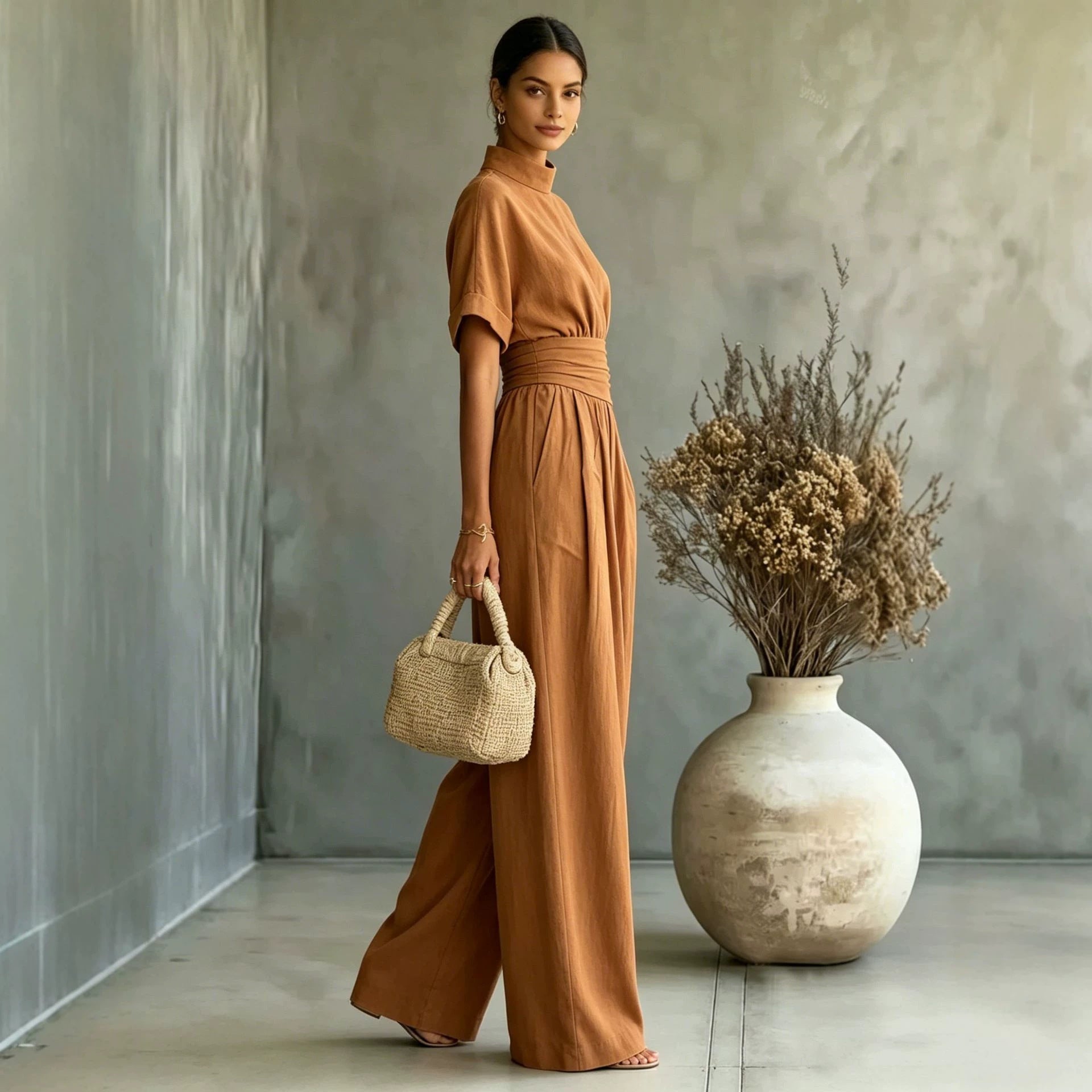Sorrento High-Neck Wide-Leg Jumpsuit – Short-Sleeve One-Piece