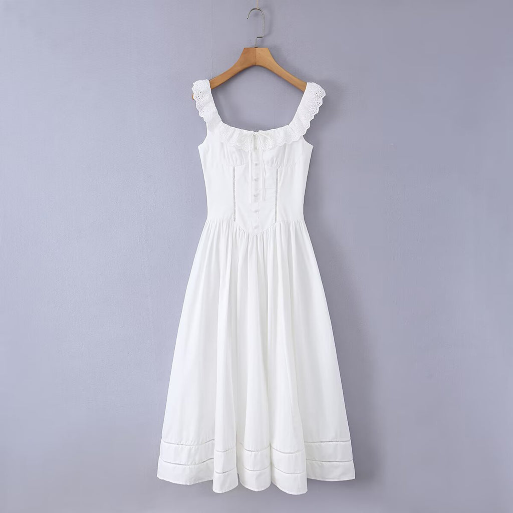 White Square-Neck Lace-Detail Maxi Dress