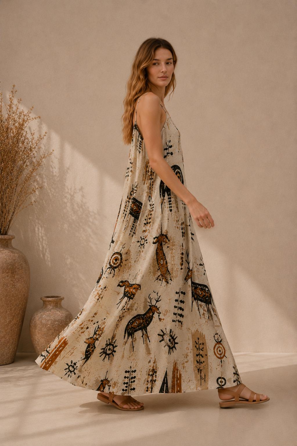Tribal Art Maxi Dress | Earth Tone Boho Resort Sundress