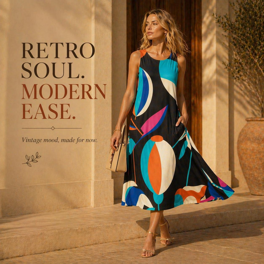 Retro Abstract A-Line Midi Dress | Wearable Art Wedding Guest Dress