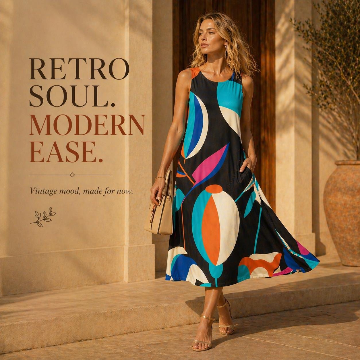 Retro Abstract A-Line Midi Dress | Wearable Art Wedding Guest Dress