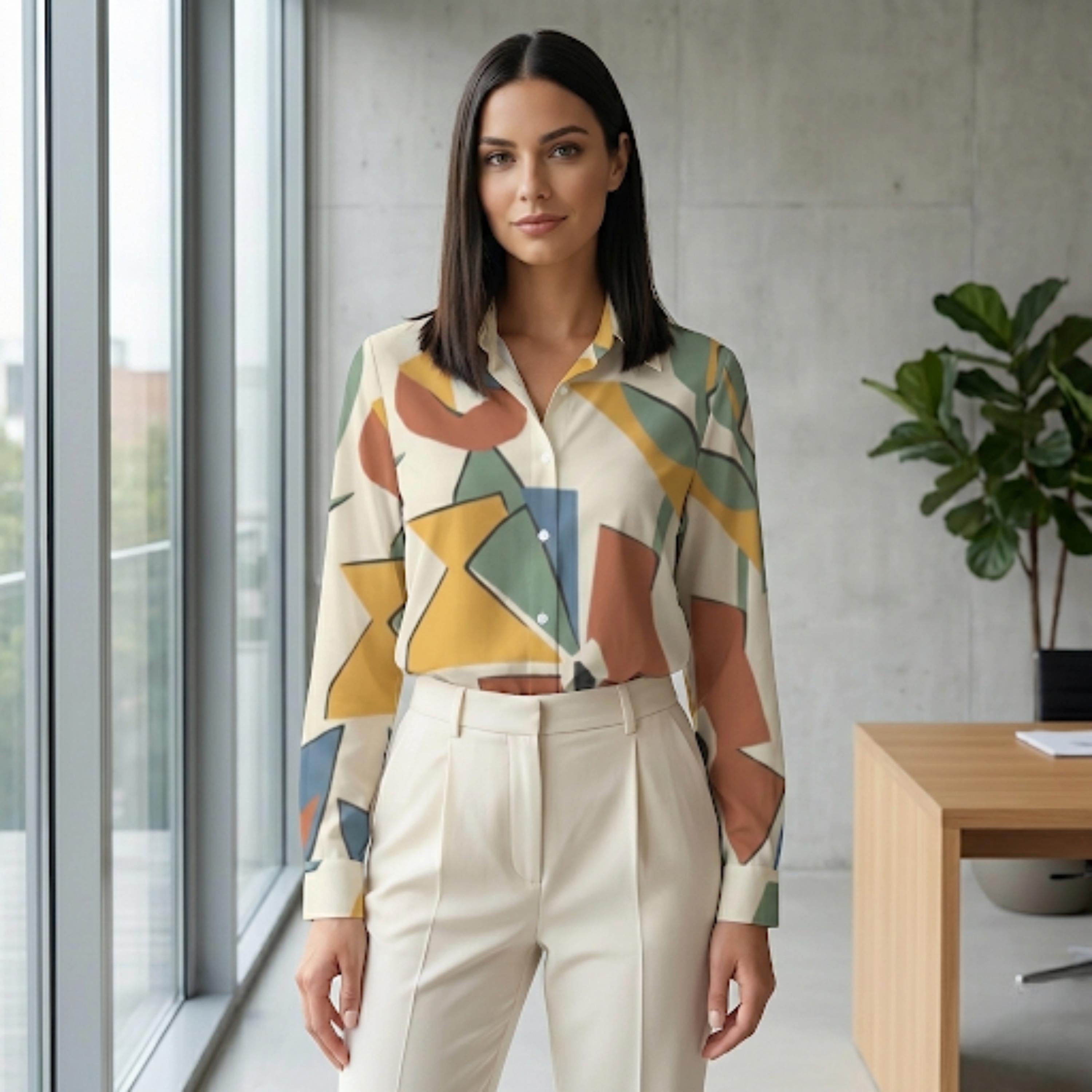 Abstract Geometric Button-Down Blouse | Modern Office Casual Top