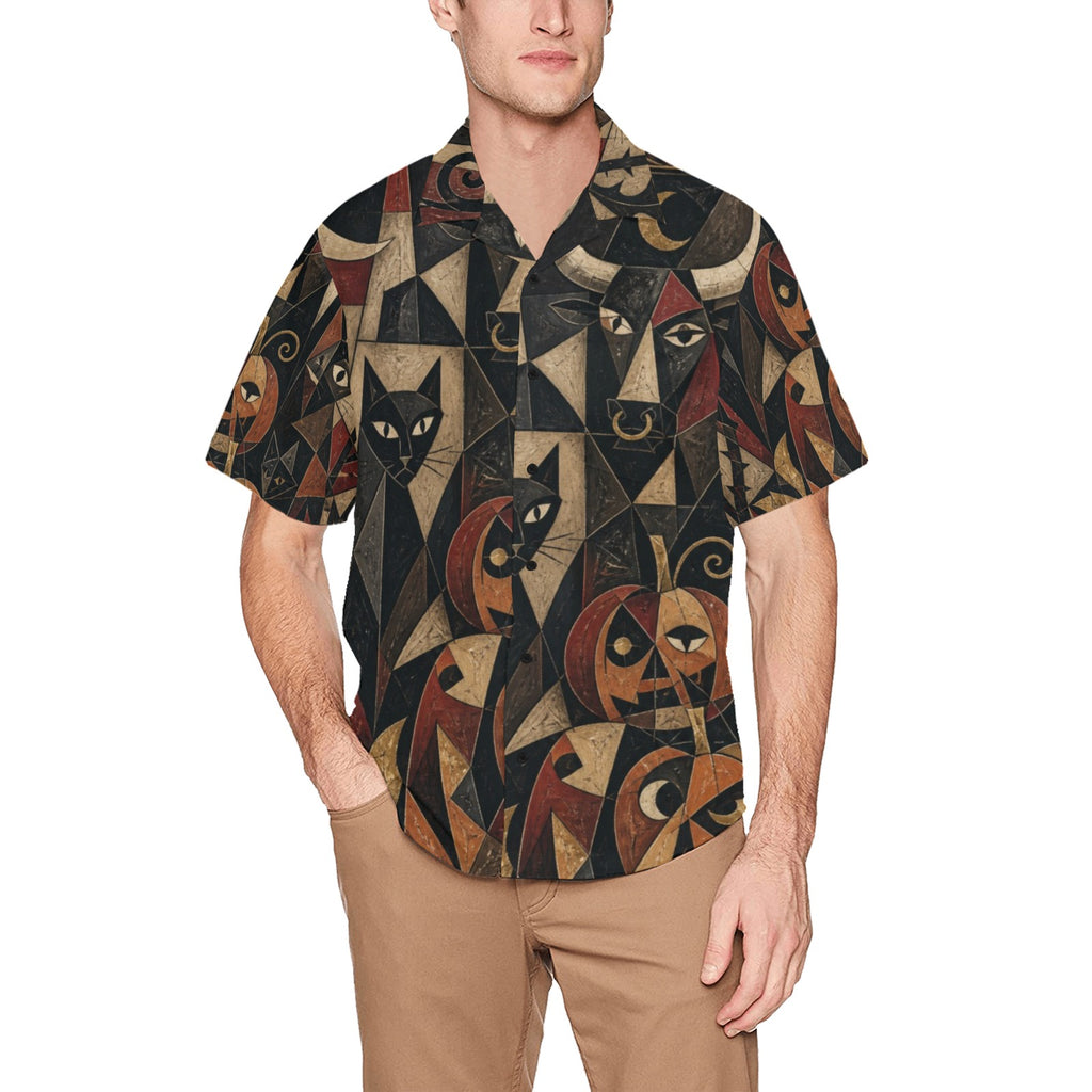 Men’s Gothic Halloween Hawaiian Shirt | Black Cat Pumpkin