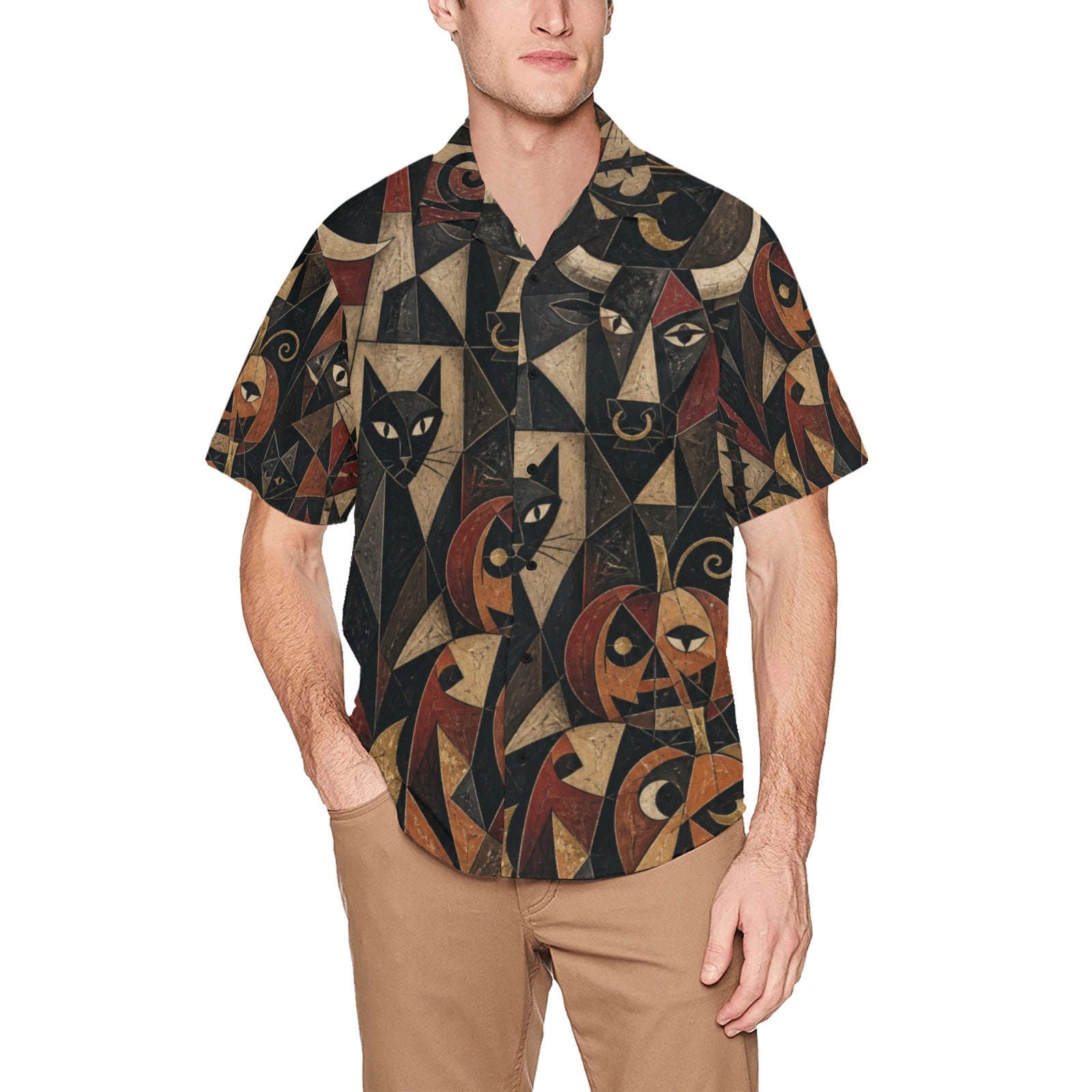 Men’s Gothic Halloween Hawaiian Shirt | Black Cat Pumpkin